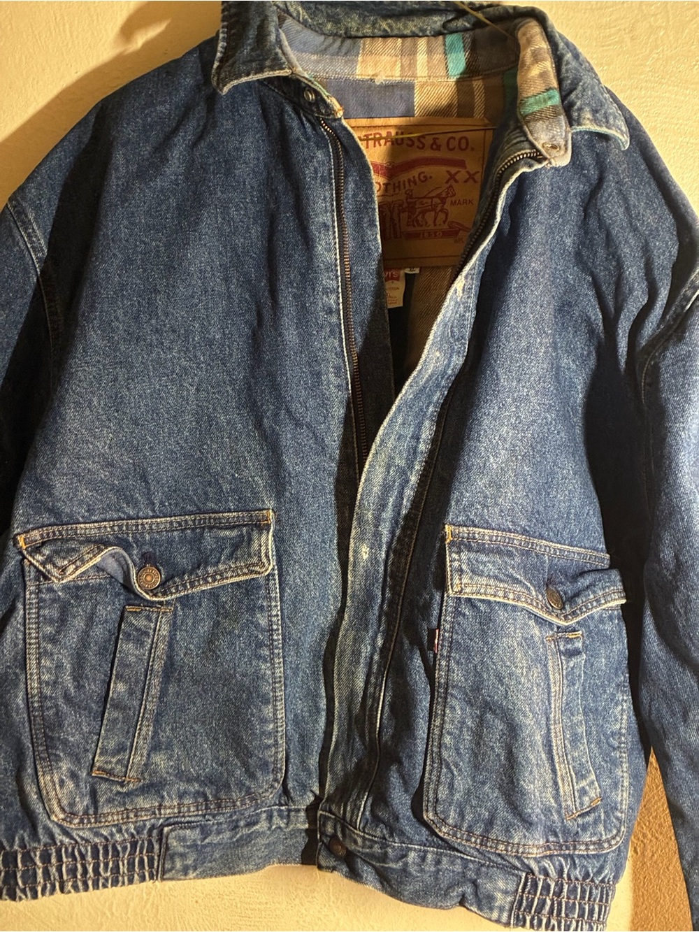 Men’s,Levi's Blue Denim flannel lined distressed Bomber Jacket XL 90s grunge - Picture 5 of 14